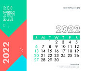 2022年11月。日历2022设计模板周将于周日开始。股票插图