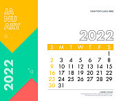 2022年1月。日历2022设计模板周将于周日开始。股票插图