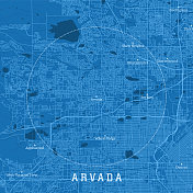 Arvada CO城市矢量道路地图蓝色文本