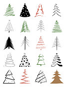 圣诞树向量集。收集各种颜色的抽象松树