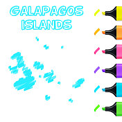 加拉帕戈斯群岛地图手绘与蓝色高光在白色背景