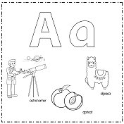 向量插图学习字母A的小写和大写的儿童与3卡通图像。天文学家杏子羊驼。