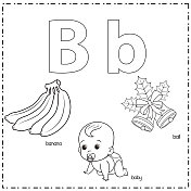 向量插图学习字母B的小写和大写的儿童与3卡通图像。香蕉婴儿贝尔。