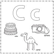 向量插图学习字母C的小写和大写的儿童与3卡通图像。蛋糕骆驼相机。