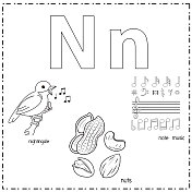 向量插图学习字母N的小写和大写的儿童与3卡通图像。夜莺坚果音符音乐。