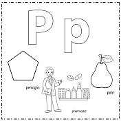 向量插图学习字母P的小写和大写的儿童与3卡通图像。五角大楼的药剂师梨。