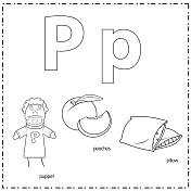 向量插图学习字母P的小写和大写的儿童与3卡通图像。傀儡桃子枕头。