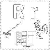 向量插图学习字母R的小写和大写的儿童与3卡通图像。公鸡冰箱耙。