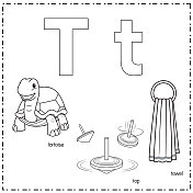 向量插图学习字母T的小写和大写的儿童与3卡通图像。乌龟上毛巾。