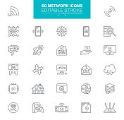 5G网络图标，可编辑笔触。包含云计算、大数据、无线技术、安全系统、物联网等图标