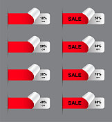 销售贴纸，标签和标签削减效果和百分比折扣。红色贴纸卷角