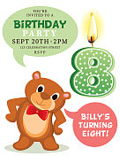 八岁生日蜡烛派对邀请与可爱的小熊