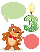 三岁生日蜡烛派对邀请与可爱的小熊