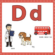 向量插图学习字母D的小写和大写的儿童与3卡通图像。医生狗双层巴士。