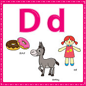 向量插图学习字母D的小写和大写的儿童与3卡通图像。甜甜圈驴的洋娃娃。