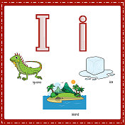 向量插图学习字母I的小写和大写的儿童与3卡通图像。鬣蜥岛冰。