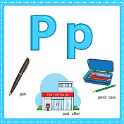 向量插图学习字母P的小写和大写的儿童与3卡通图像。钢笔邮局铅笔盒。