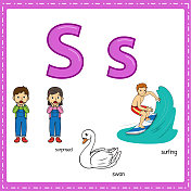 向量插图学习字母S的小写和大写的儿童与3卡通图像。惊讶的天鹅冲浪。