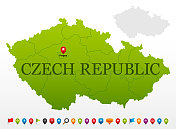 捷克共和国带有区域和导航图标的绿色地图