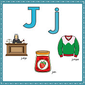 向量插图学习字母J的小写和大写的儿童与3卡通图像。法官果酱跳投。