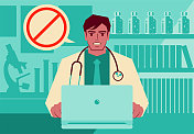 年轻英俊的医生使用笔记本电脑提供远程医疗服务并建议病人避免使用带有禁止标志的东西
