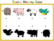 矢量插图学习不同形状的阴影。儿童女巫卡通形象4河马，猪，羊，鸟。