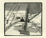 两名水手在一艘游艇上，拖着一艘小船，维多利亚插图19世纪的航海