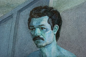 插图水彩画人像胡子男子与短黑色波浪头发在傍晚的背景