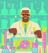 一位面带微笑的资深科学家或化学家正在把液体倒进一个装有大点子灯泡的瓶子里