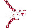 一条红色的链子在破碎的过程中分裂成许多分散的碎片，孤立在白色的背景上。从以上观点。