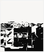 向量黑色和白色木刻风格绘画东方建筑插图背景