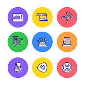 一套缝纫相关的线图标。大纲符号集合