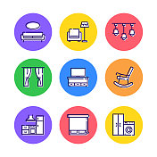 一套家居装饰和室内设计相关的线条图标。大纲符号集合 一套家居装饰和室内设计相关的线条图标。大纲符号集合