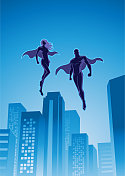 矢量超级英雄漂浮在空中的城市股票插图
