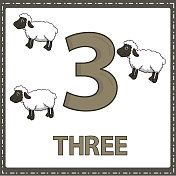 儿童数字教育插图。这样孩子们就可以学习数3和3羊，如图中动物类别所示。