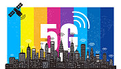 现代城市天际线与5G wifi技术概念，矢量股票插图