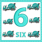 幼儿数字教育插图。为孩子学会了数数字6与6混凝土搅拌机如图所示的车辆类别。