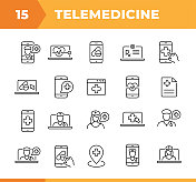 远程医疗和数字医疗――线路图标。可编辑的中风。向量股票插图