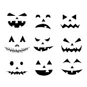 Jack o' lantern faces, Halloween pumpkin。向量