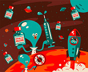 乘坐火箭(宇宙飞船、航天飞机)在外太空飞行的宇航员和拿着新型冠状病毒疫苗注射器的“外星人”