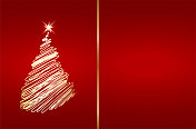 圣诞红色背景，一半是金色的创意圣诞树，由手绘潦草地涂在鲜艳的红栗色上，另一半是空白的白纸