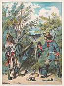 罗宾逊和星期五在大炮上，彩色印刷，出版于1893年