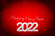 银色金属白色三维或三维文本2022和新年快乐在黑暗明亮的活力红色栗色水平节日发光闪闪的模糊矢量背景贺卡，海报和横幅