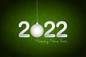 银色金属白色三维或三维文本2022和快乐的新年在暗明亮的绿色水平节日发光闪闪的模糊向量背景挂圣诞小饰物