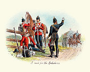 19世纪英国军队维多利亚时期，一辆军用救护车正在接一名受伤的士兵