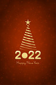 金色金属黄色或米色三维或3D文本2022和新年快乐在黑暗明亮的充满活力的红色栗色或可乐棕色垂直边框节日发光闪烁的矢量背景与一颗星星的条纹圣诞树