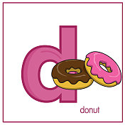 向量插图甜甜圈与字母字母D小写字母的儿童学习练习ABC