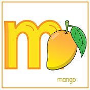 向量芒果插图，用字母M小写字母进行幼儿ABC学习练习