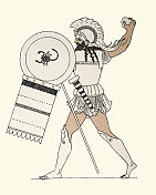 古希腊战士用蝎子盾投掷石头