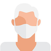 摘要资深白人男子戴着面具，化身人物图标，以现代色彩鲜明的纯白为背景